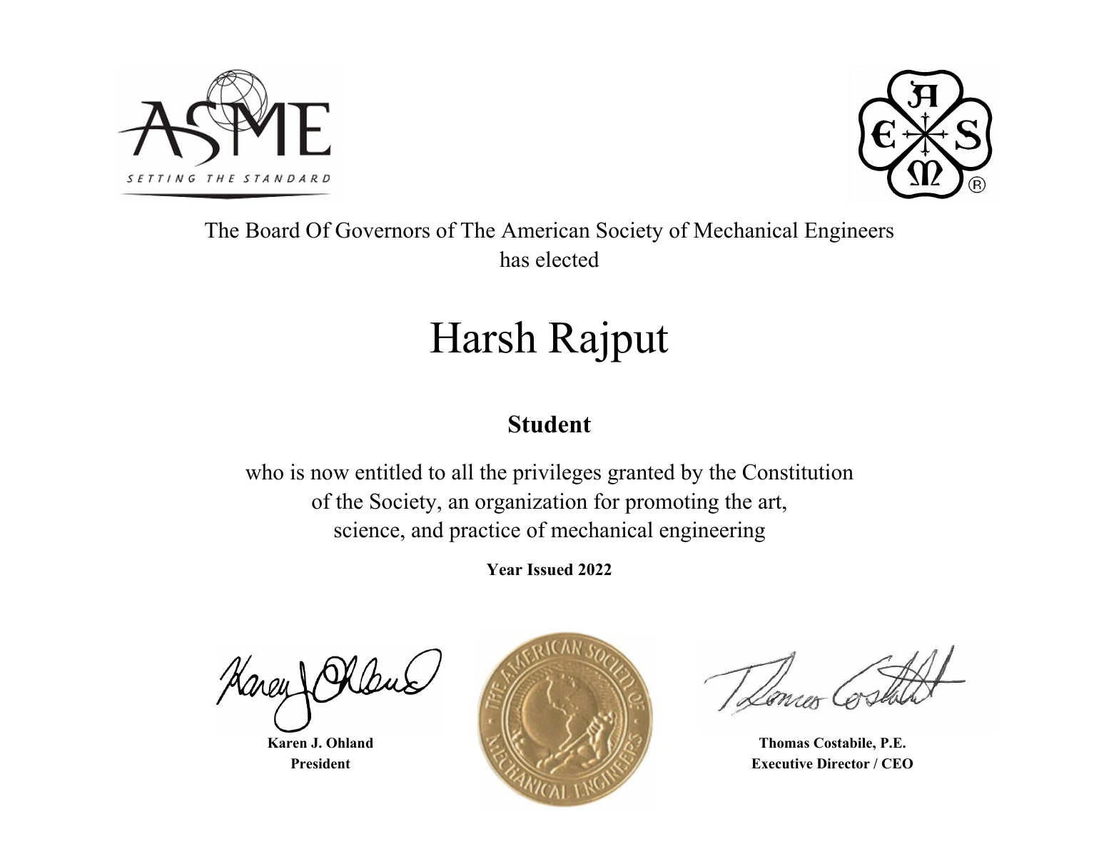 Certificate: ASME Student Membership — 2022 — American Society of Mechanical Engineers — 2022