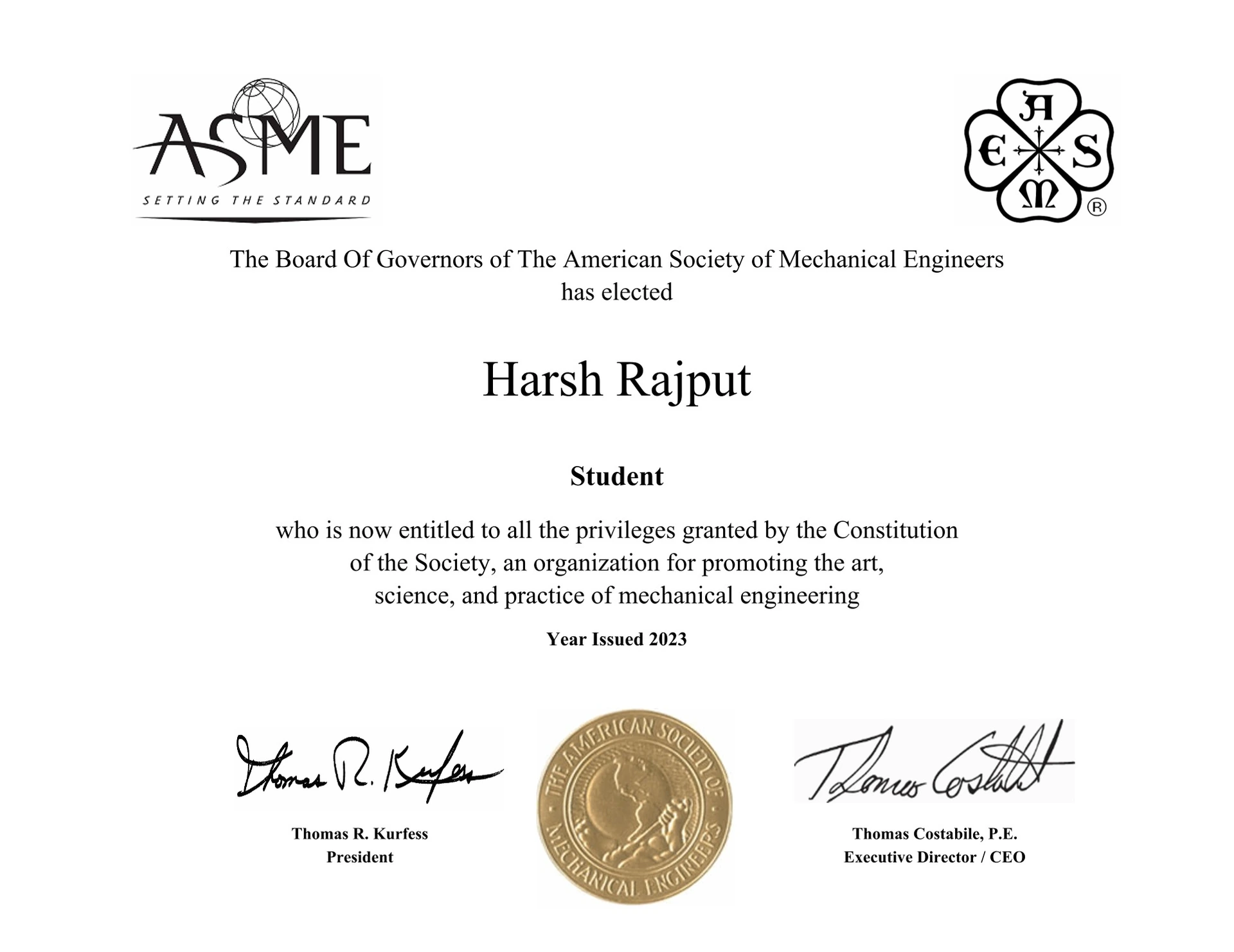 Certificate: ASME student membership — The American Society of Mechanical Engineers — Year issued 2023