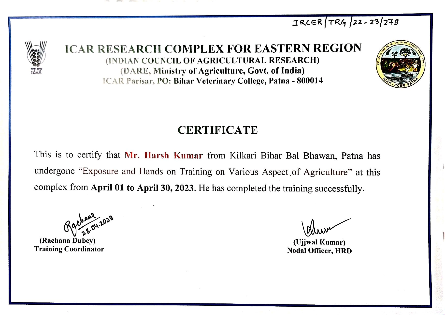 Certificate: Hands-on Agriculture Training — ICAR Research Complex for Eastern Region, Patna — 1–30 April 2023
