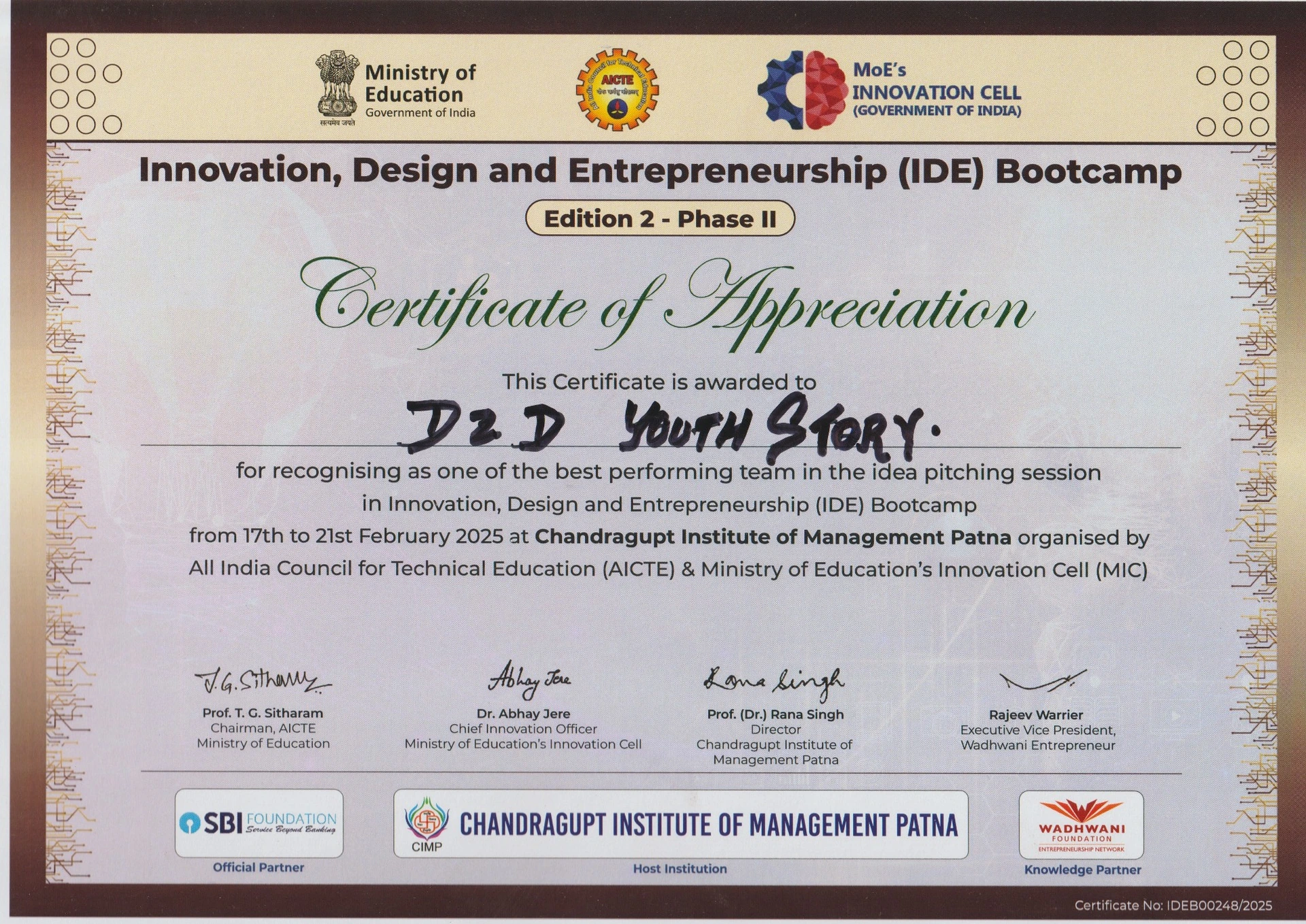 Certificate: IDE Bootcamp — team appreciation — AICTE & Ministry of Education’s Innovation Cell — 17–21 February 2025