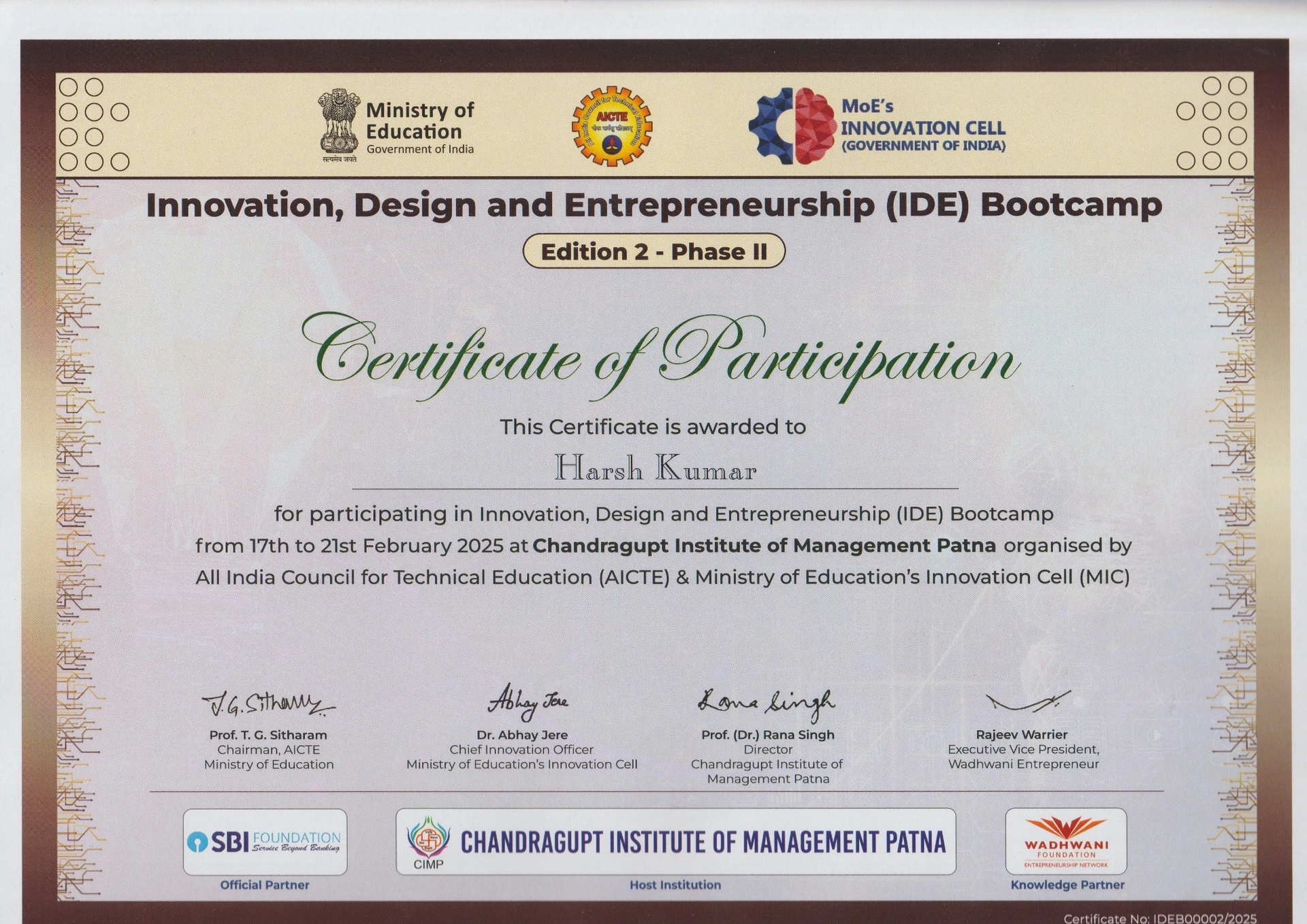 Certificate: IDE Bootcamp — participation — AICTE & Ministry of Education’s Innovation Cell — 17–21 February 2025