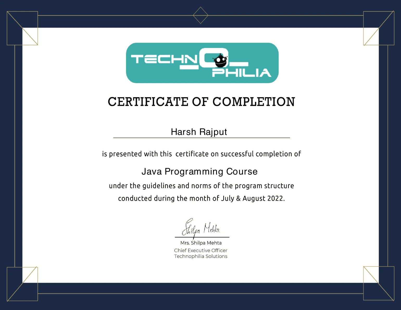 Certificate: Java Programming Course — Technophilia Solutions — July–August 2022