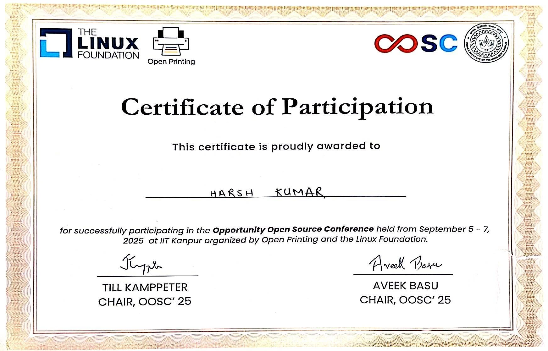 Certificate: Opportunity Open Source Conference — OpenPrinting / The Linux Foundation — 5–7 September 2025