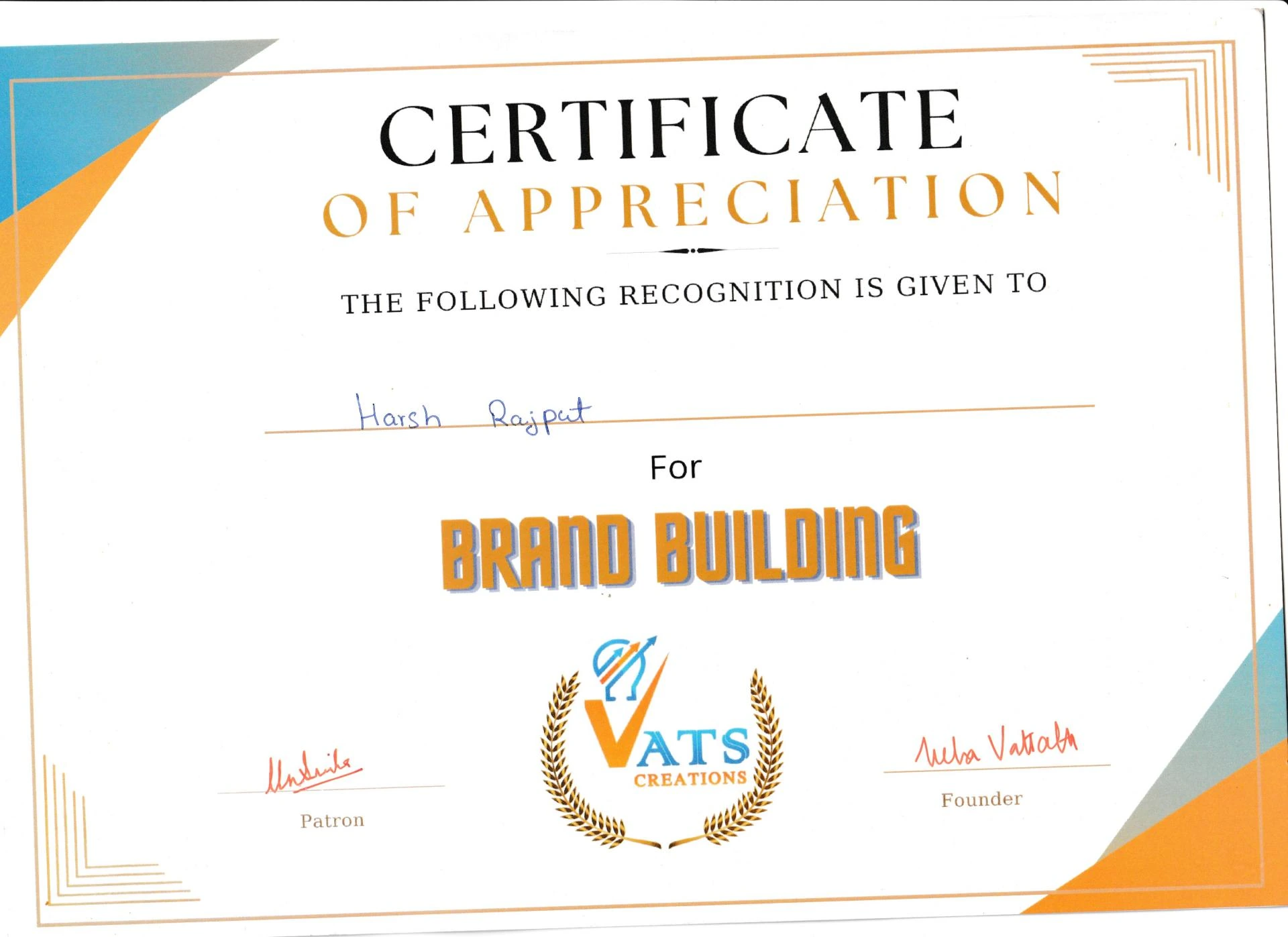 Certificate: Brand Building — Certificate of Appreciation — Vats Creations — Undated certificate