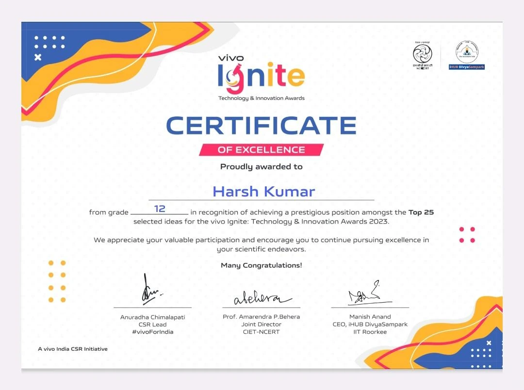Certificate: Top 25 — vivo Ignite Technology & Innovation Awards — vivo India CSR initiative — January 2024 · 2023 awards edition
