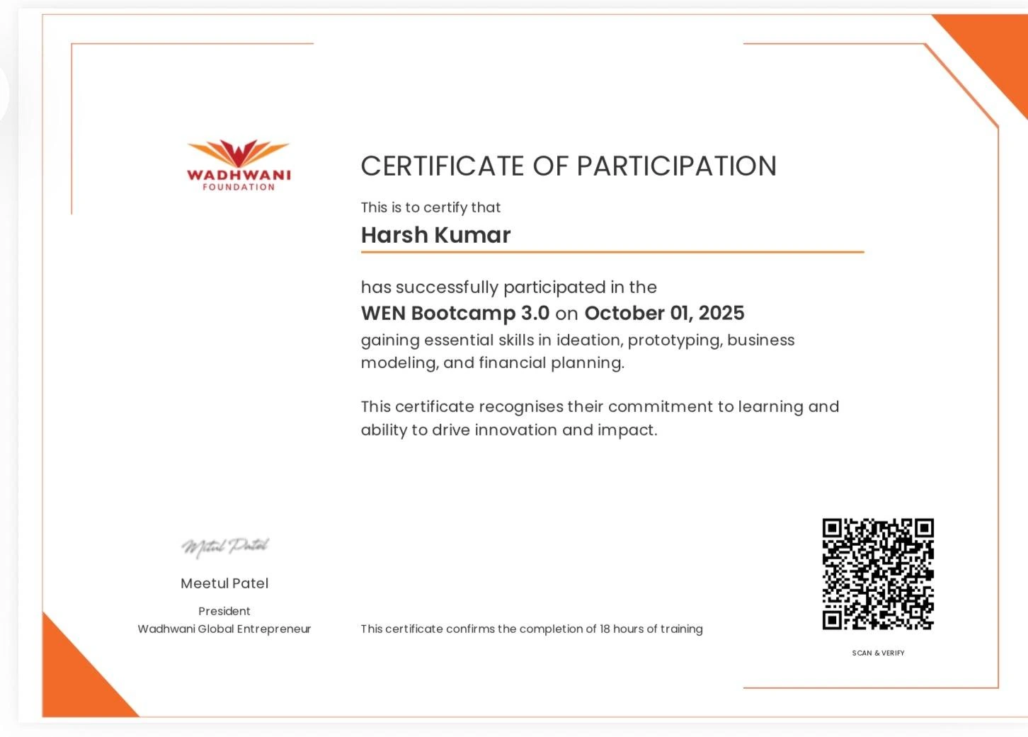 Certificate: WEN Bootcamp 3.0 — Wadhwani Foundation — 1 October 2025