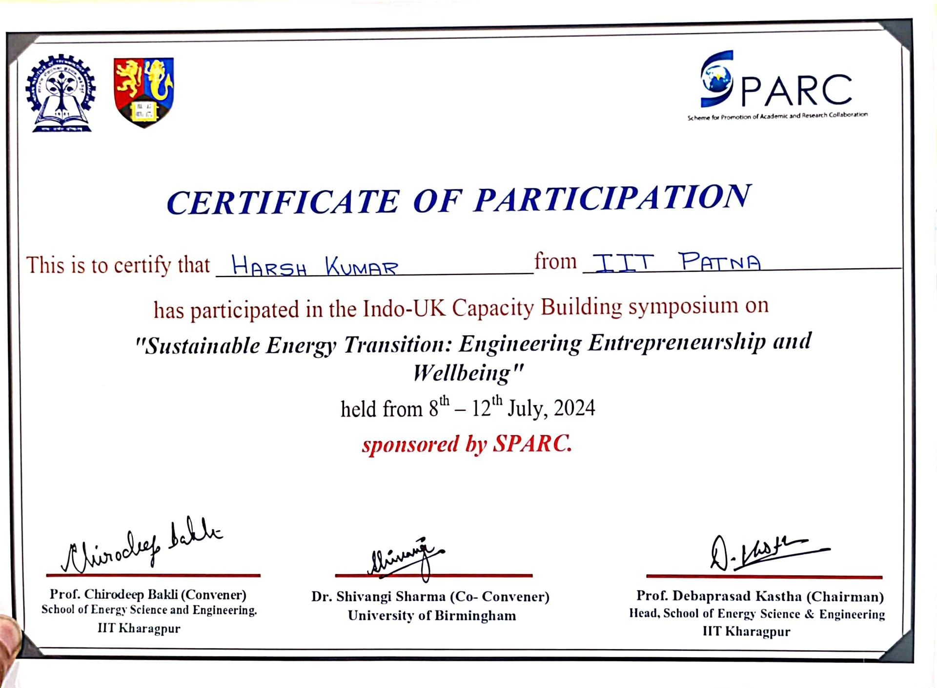 Certificate: Indo-UK Capacity Building Symposium — IIT Kharagpur / University of Birmingham — 8–12 July 2024