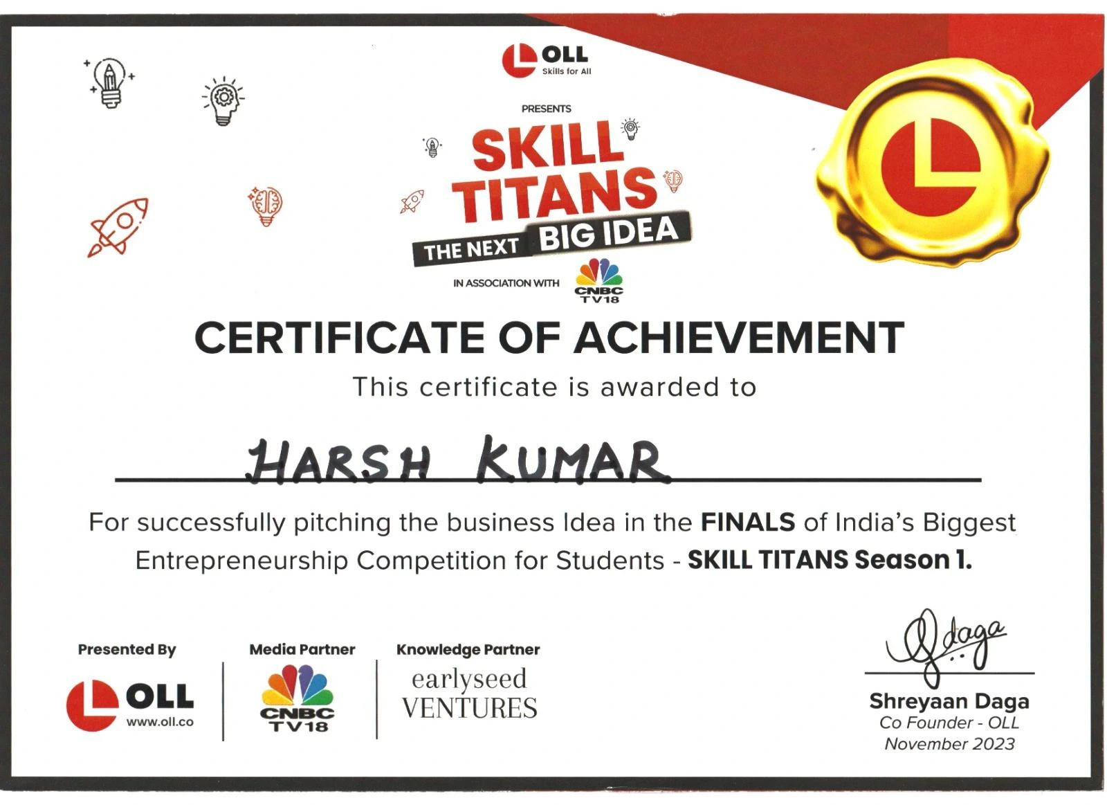 Certificate: Skill Titans Season 1 — Finals — OLL, in association with CNBC-TV18 — November 2023