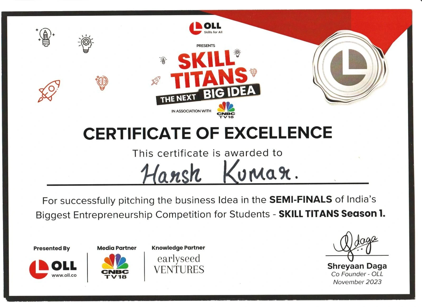 Certificate: Skill Titans Season 1 — Semifinals — OLL, in association with CNBC-TV18 — November 2023