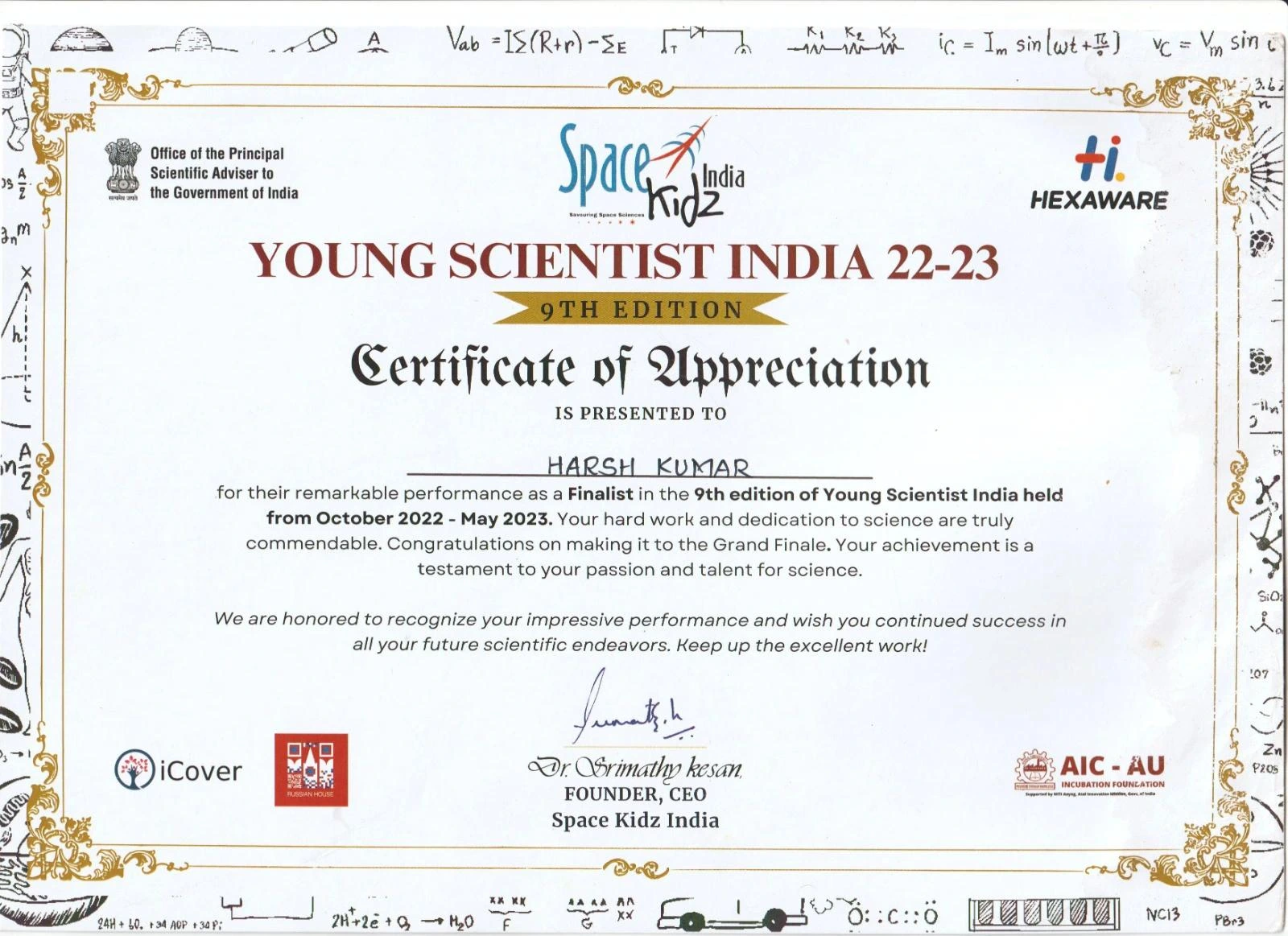 Certificate: Young Scientist India — Grand Finale — Space Kidz India — October 2022–May 2023