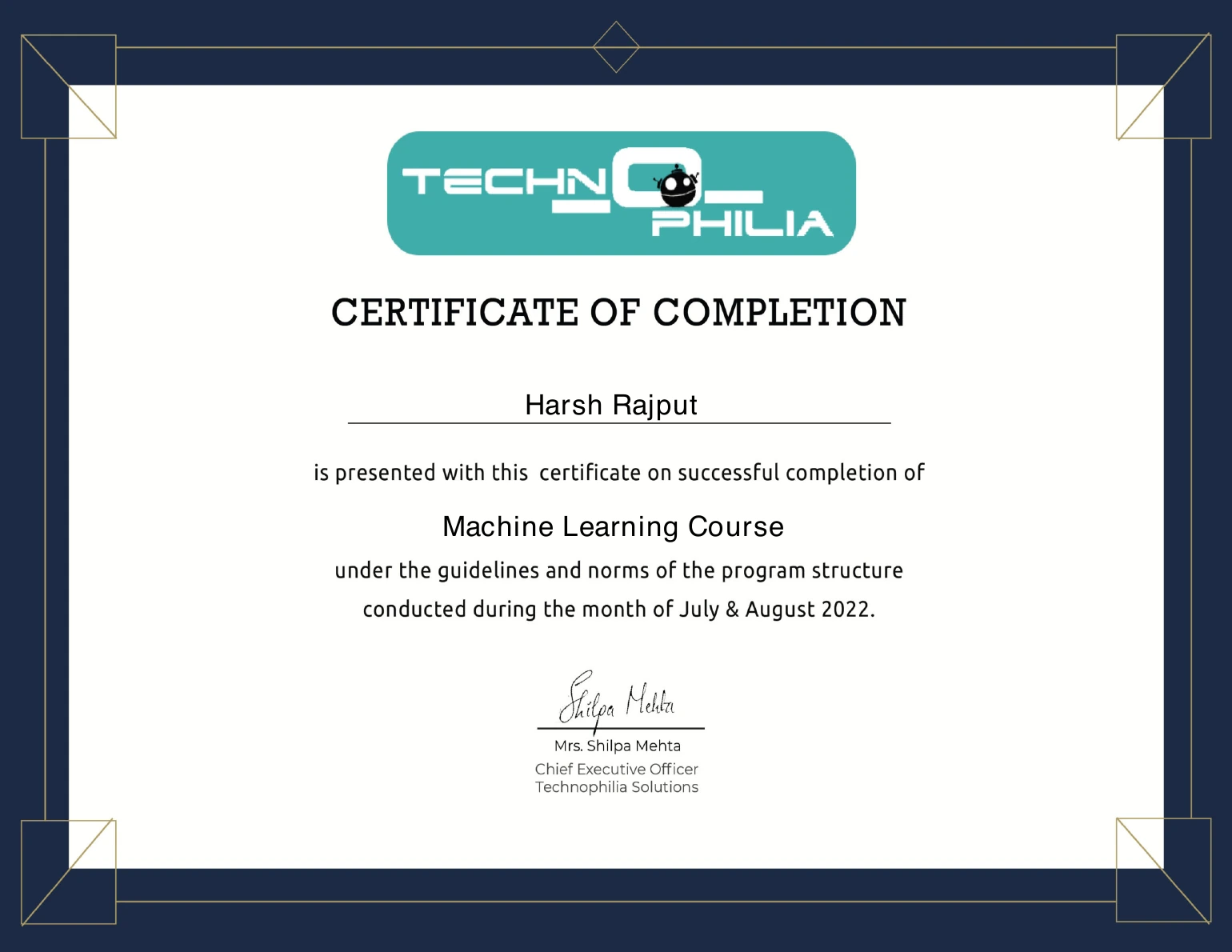 Certificate: Machine Learning Course — Technophilia Solutions — July–August 2022