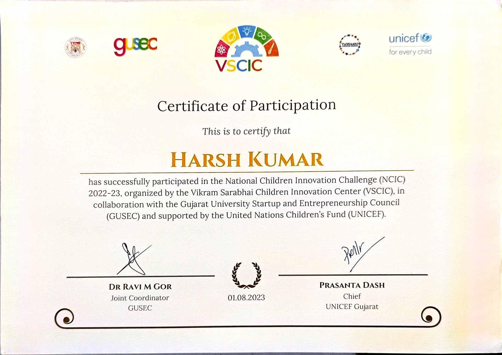 Certificate: National Children Innovation Challenge 2022–23 — VSCIC / GUSEC — 1 August 2023