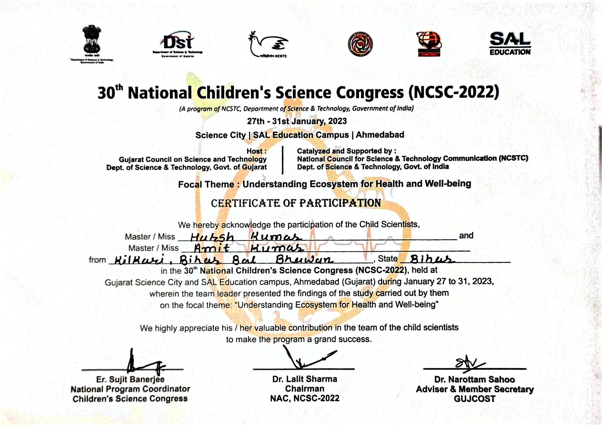 Certificate: 30th National Children's Science Congress — NCSC / NCSTC-DST / GUJCOST — 27–31 January 2023