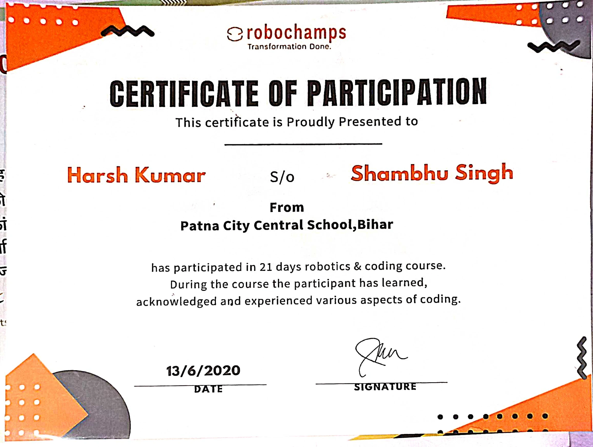 Certificate: Robotics & Coding — 21-day course — RoboChamps — 13 June 2020