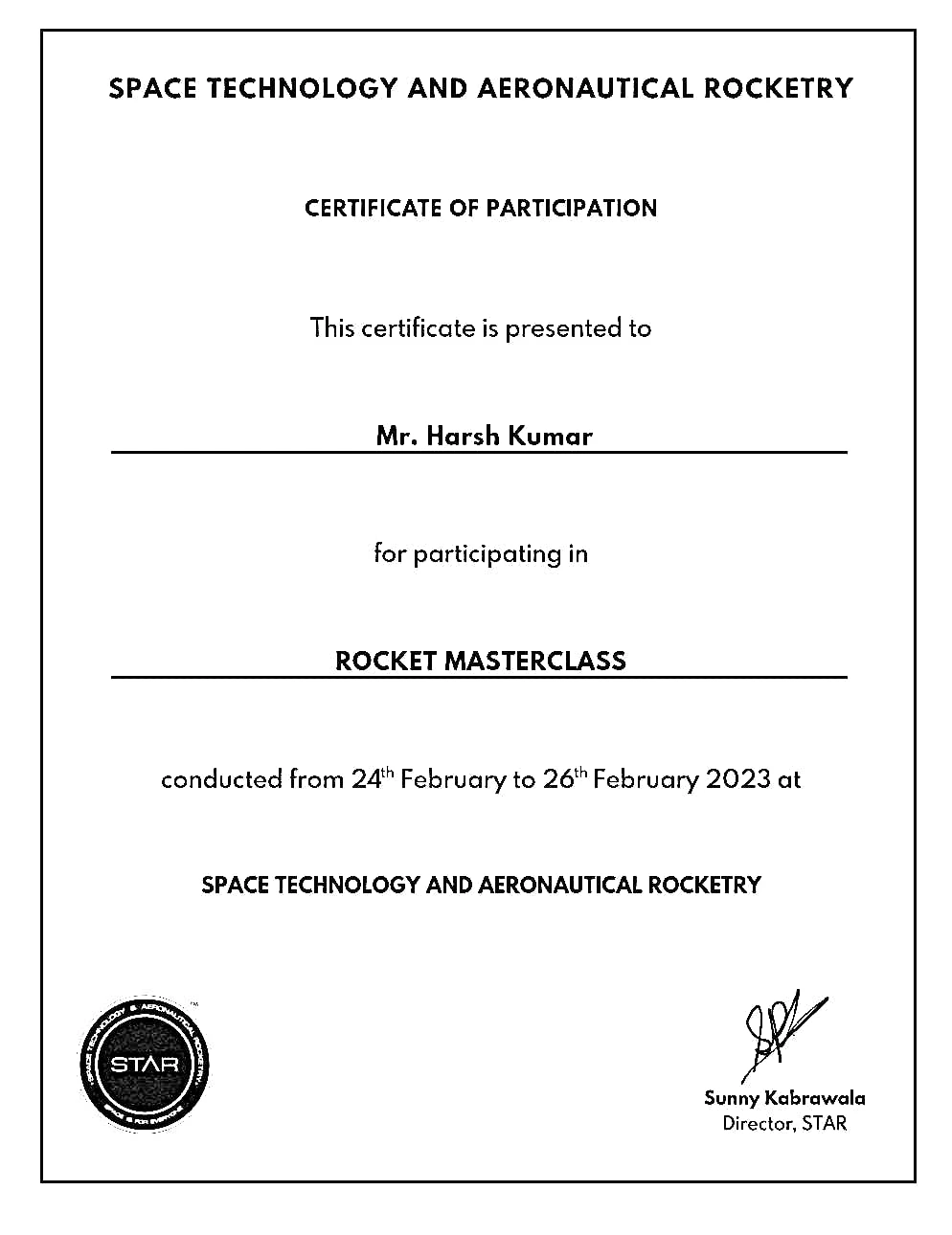 Certificate: Rocket Masterclass — Space Technology and Aeronautical Rocketry (STAR) — 24–26 February 2023