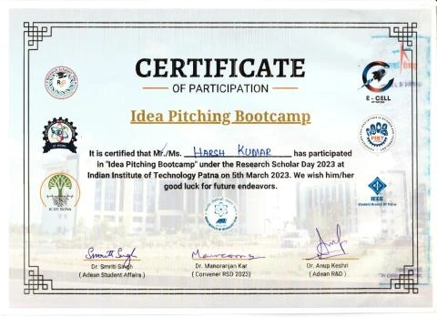 Certificate: Idea Pitching Bootcamp — Participation — IIT Patna, Research Scholar Day 2023 — 5 March 2023
