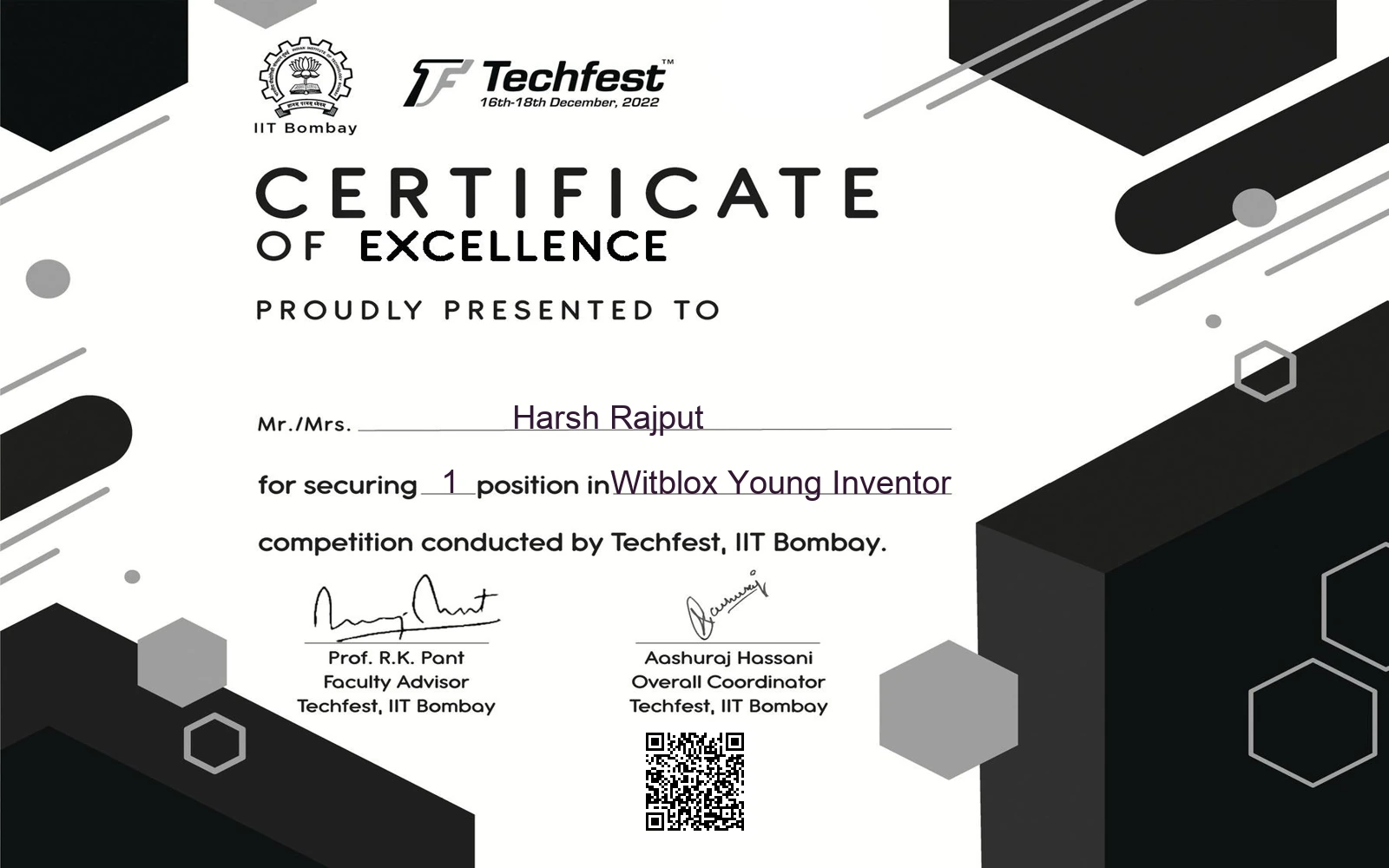 Certificate: 1st place — Witblox Young Inventor — Techfest, IIT Bombay — 16–18 December 2022