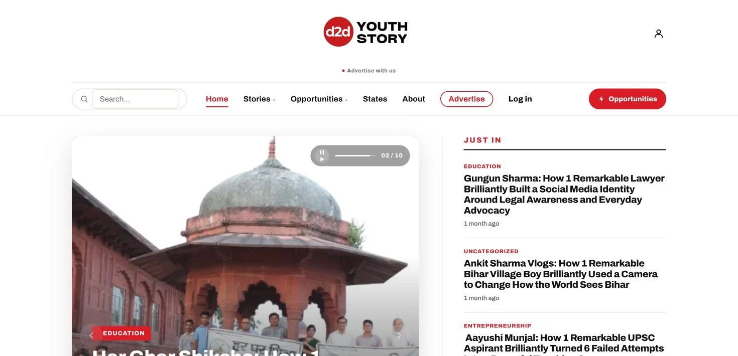 D2D YouthStory editorial platform with youth stories and features