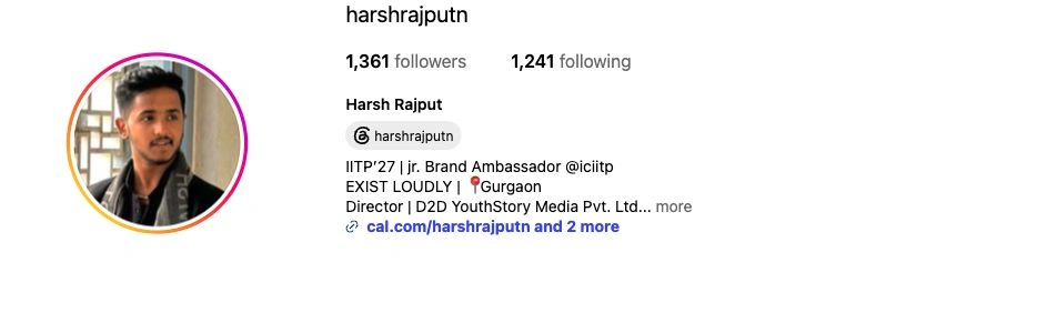 Harsh Rajput’s Instagram profile showing 1,361 followers, captured 25 October 2026