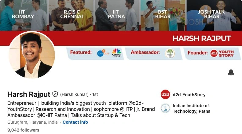 Harsh Rajput’s LinkedIn profile showing 9,042 followers, captured 25 October 2026