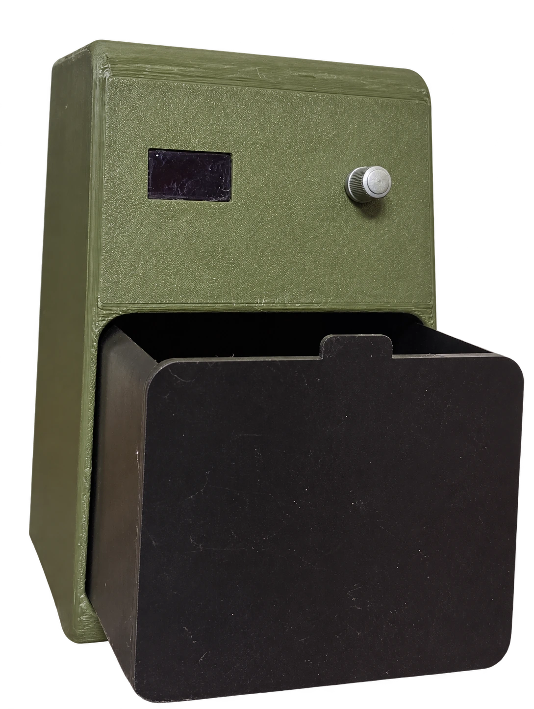 Exterior photograph of the olive-green physical Food Safety Device prototype; the original background has been removed
